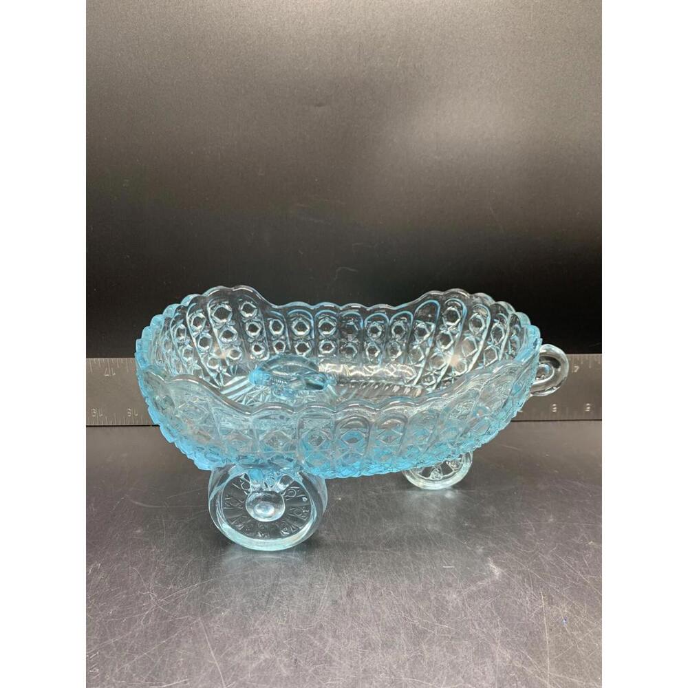 Vintage McKee Glass Daisy Button Aqua Blue Baby Carriage Coach Bowl Candy Dish - Picture 3 of 10